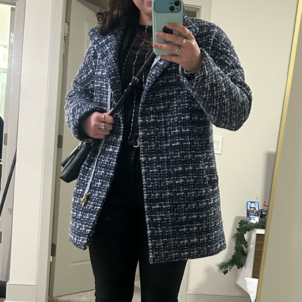 J. Crew Blue & White Tweed Wool City Coat